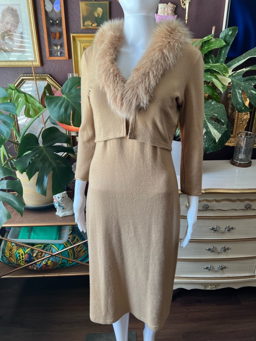 Vintage 90s Heidi Weisel Cashmere Silk Fox Fur Cardigan and Dress Set Size 6